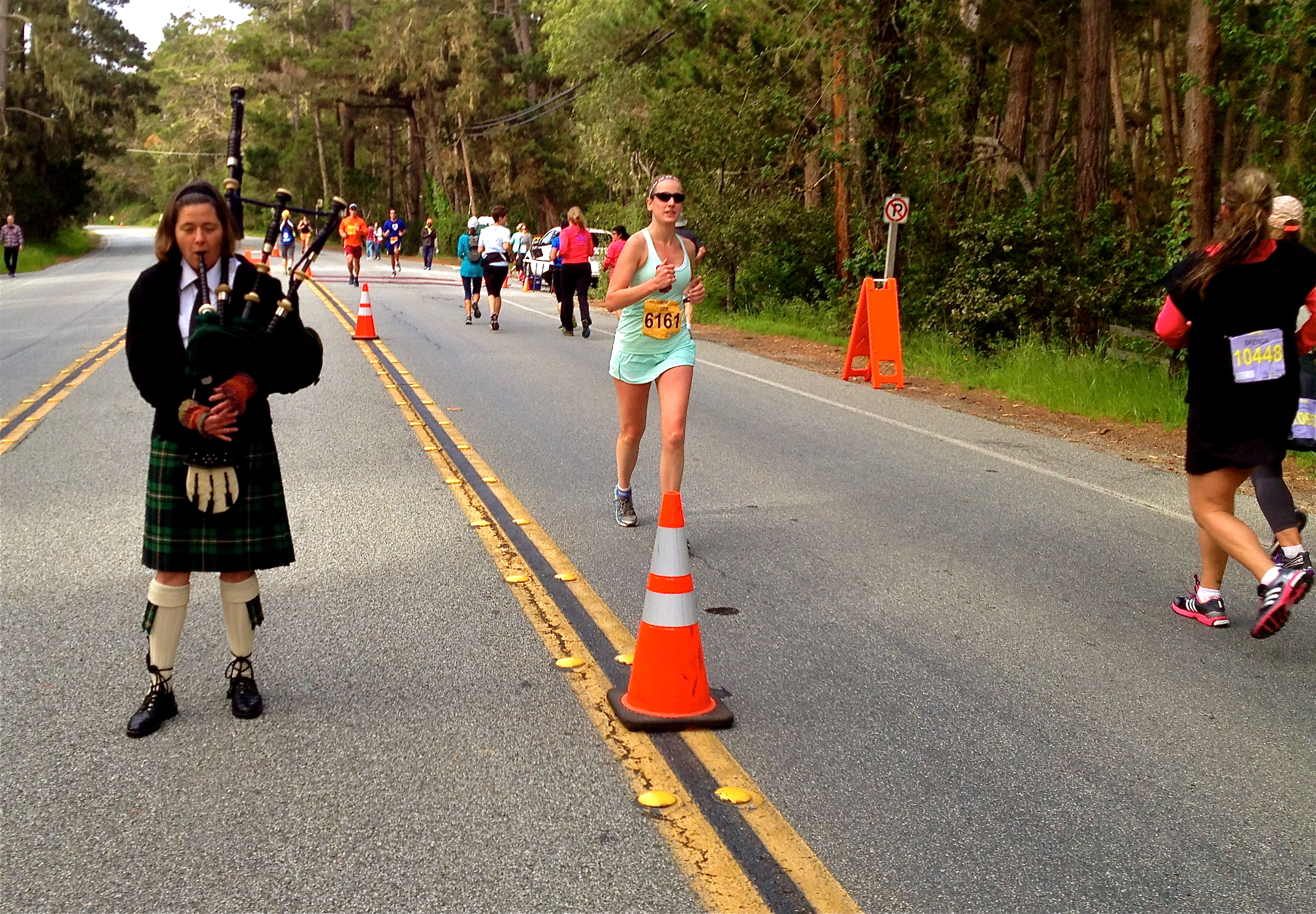 Elise plays Great Highland Bagpipes every year, for the Big Sur Marathon and Half Marathon.
