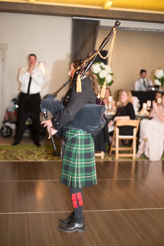 Bagpiping teacher Elise MacGregor Ferrell plays Scottish Great Highland Bagpipers for a wedding reception in Carmel, California.