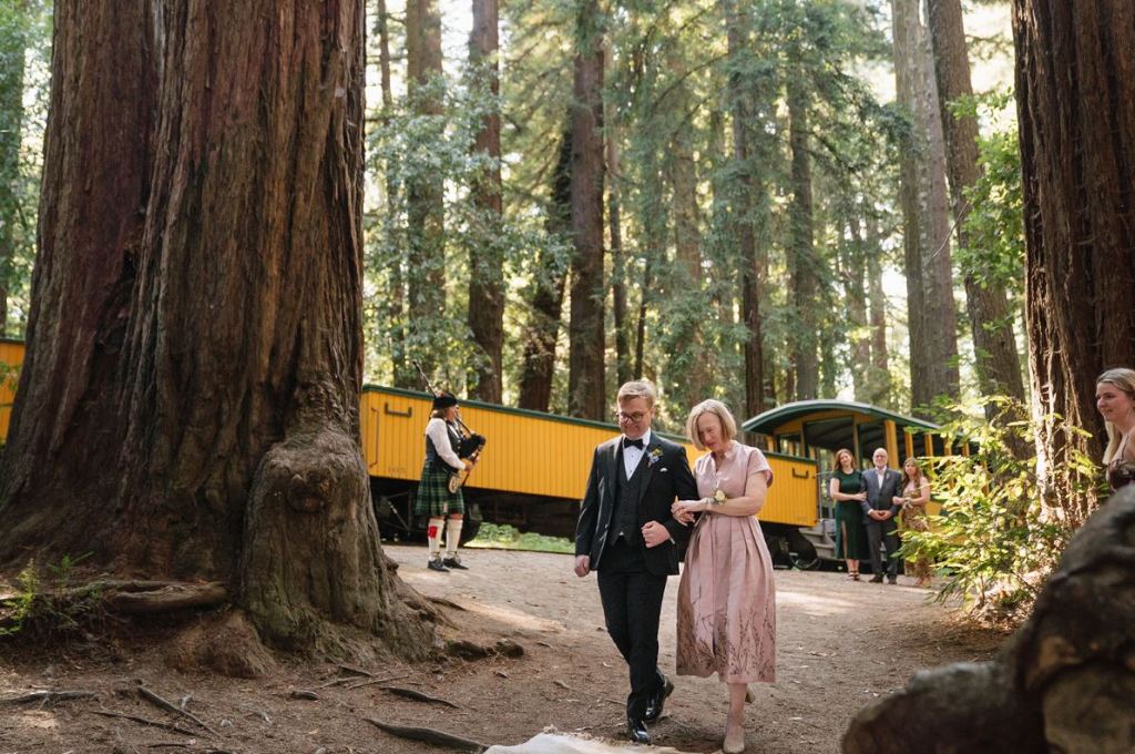 Elise MacGregor Ferrell playing Great Highland Bagpipes for a wedding at Roaring Camp, in the Santa Cruz Mountains.